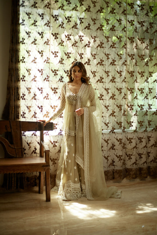 Beige With White Thread Work Peplum And Sharara Set