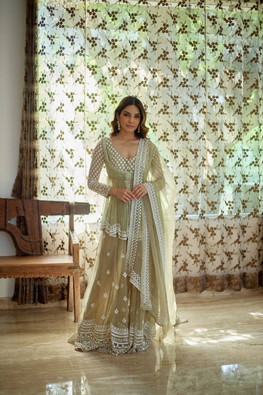 Beige With White Thread Work Peplum And Sharara Set