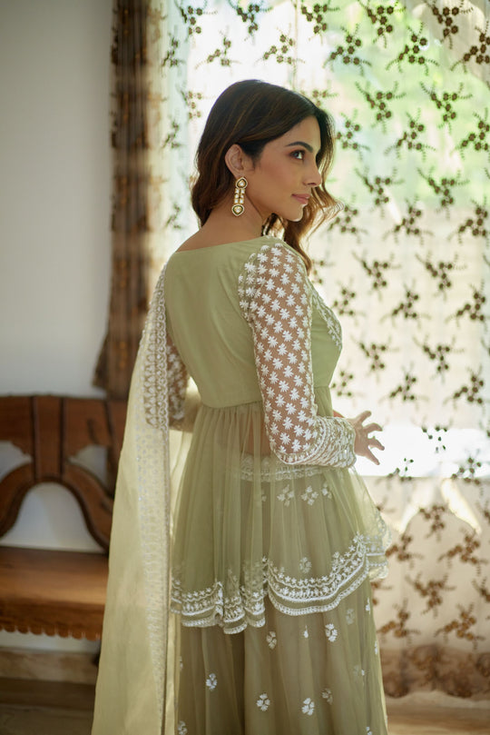 Beige With White Thread Work Peplum And Sharara Set