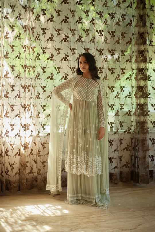 Sage Green With White Thread Work Jacket And Sharara Set