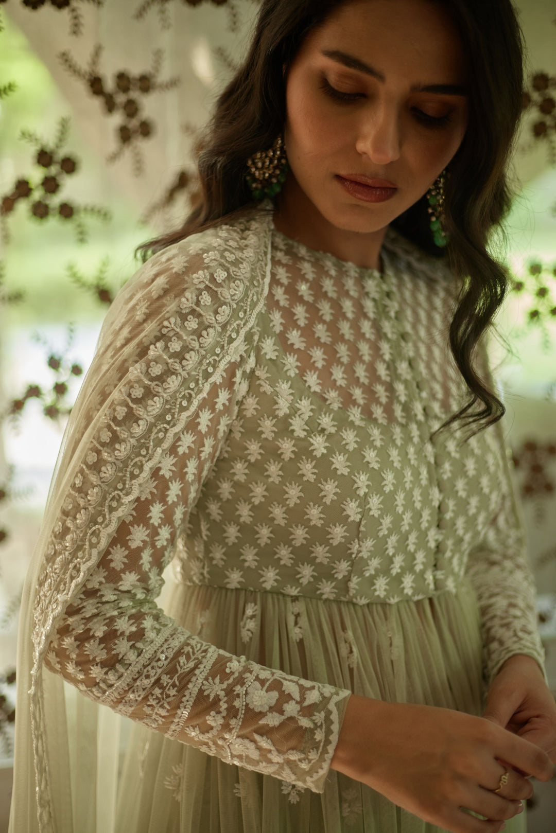 Sage Green With White Thread Work Jacket And Sharara Set