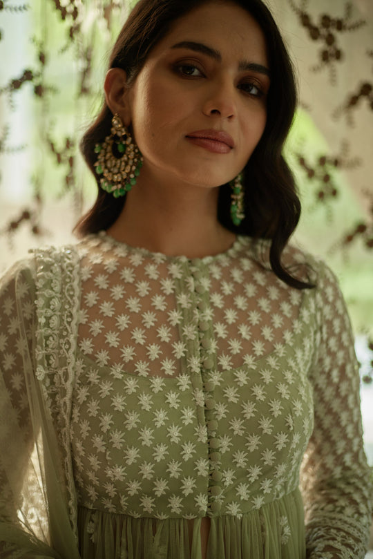 Sage Green With White Thread Work Jacket And Sharara Set