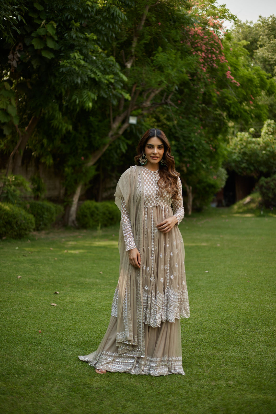 Sage Green With White Thread Work Jacket And Sharara Set