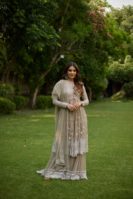 Sage Green With White Thread Work Jacket And Sharara Set