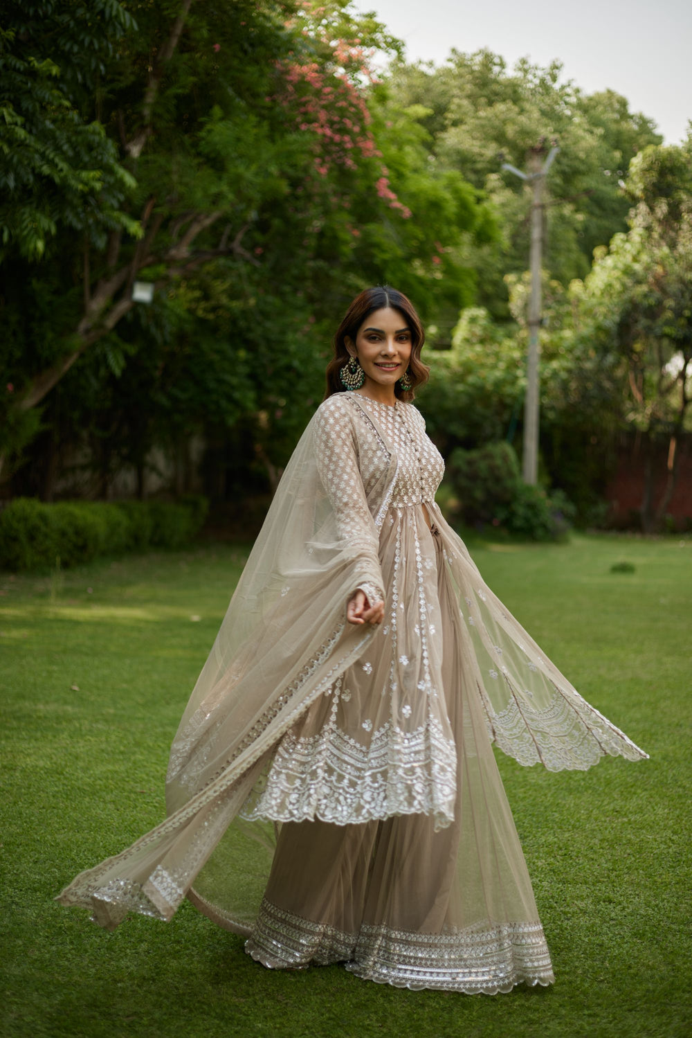 Sage Green With White Thread Work Jacket And Sharara Set