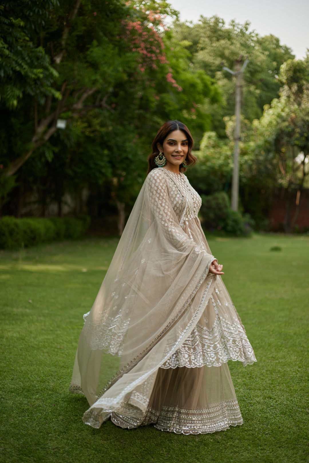 Sage Green With White Thread Work Jacket And Sharara Set