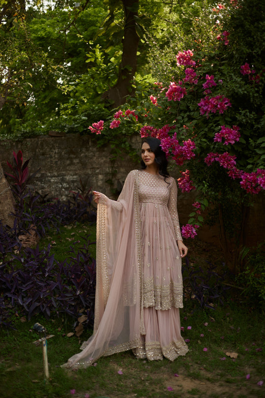 Pink On Pink Thread Work Anarkali And Sharara Set