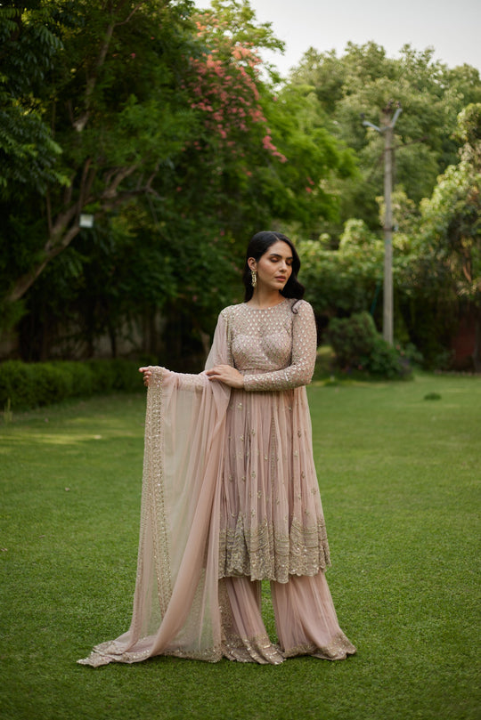 Pink On Pink Thread Work Anarkali And Sharara Set