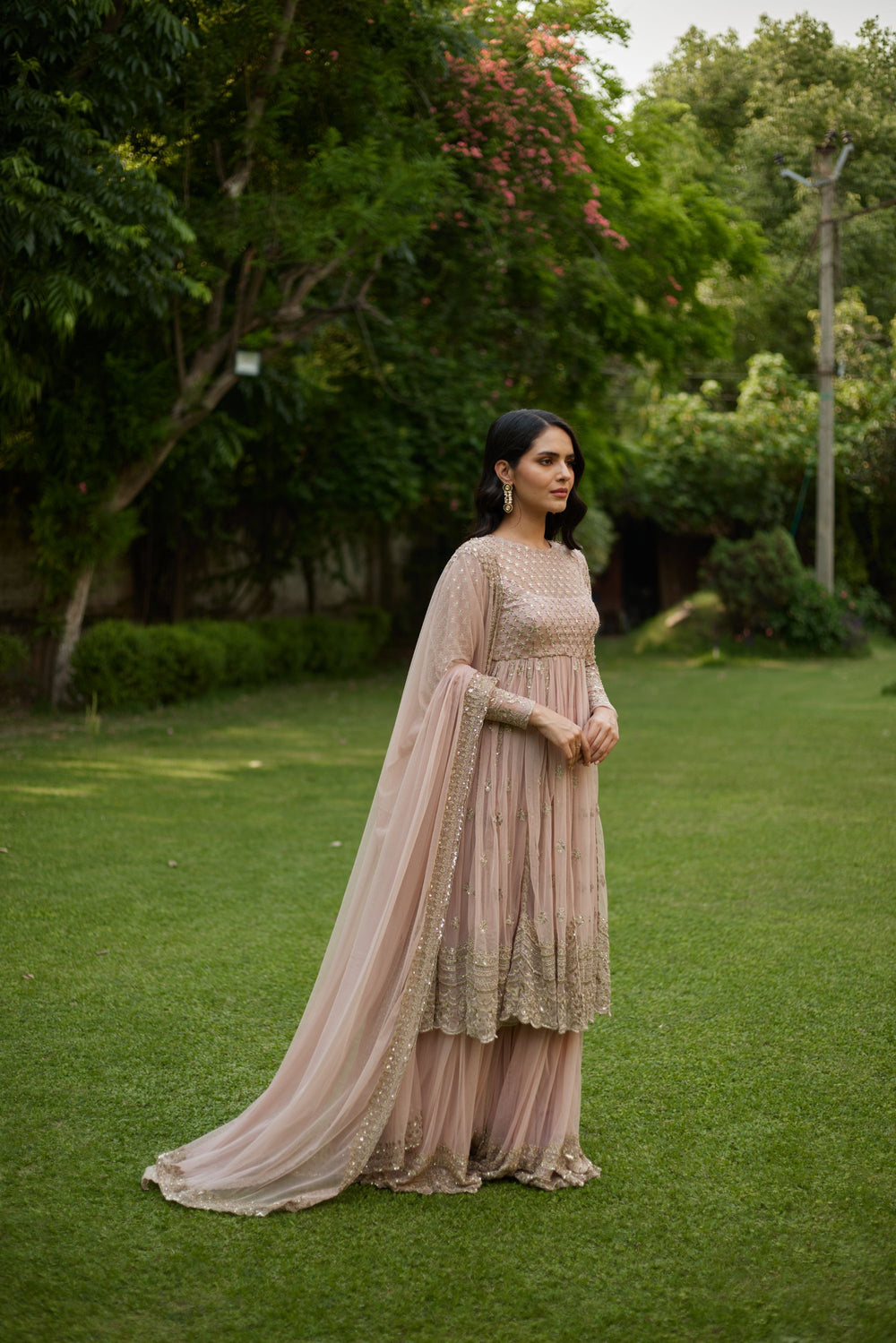 Pink On Pink Thread Work Anarkali And Sharara Set