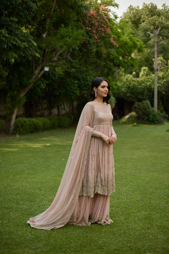 Pink On Pink Thread Work Anarkali And Sharara Set