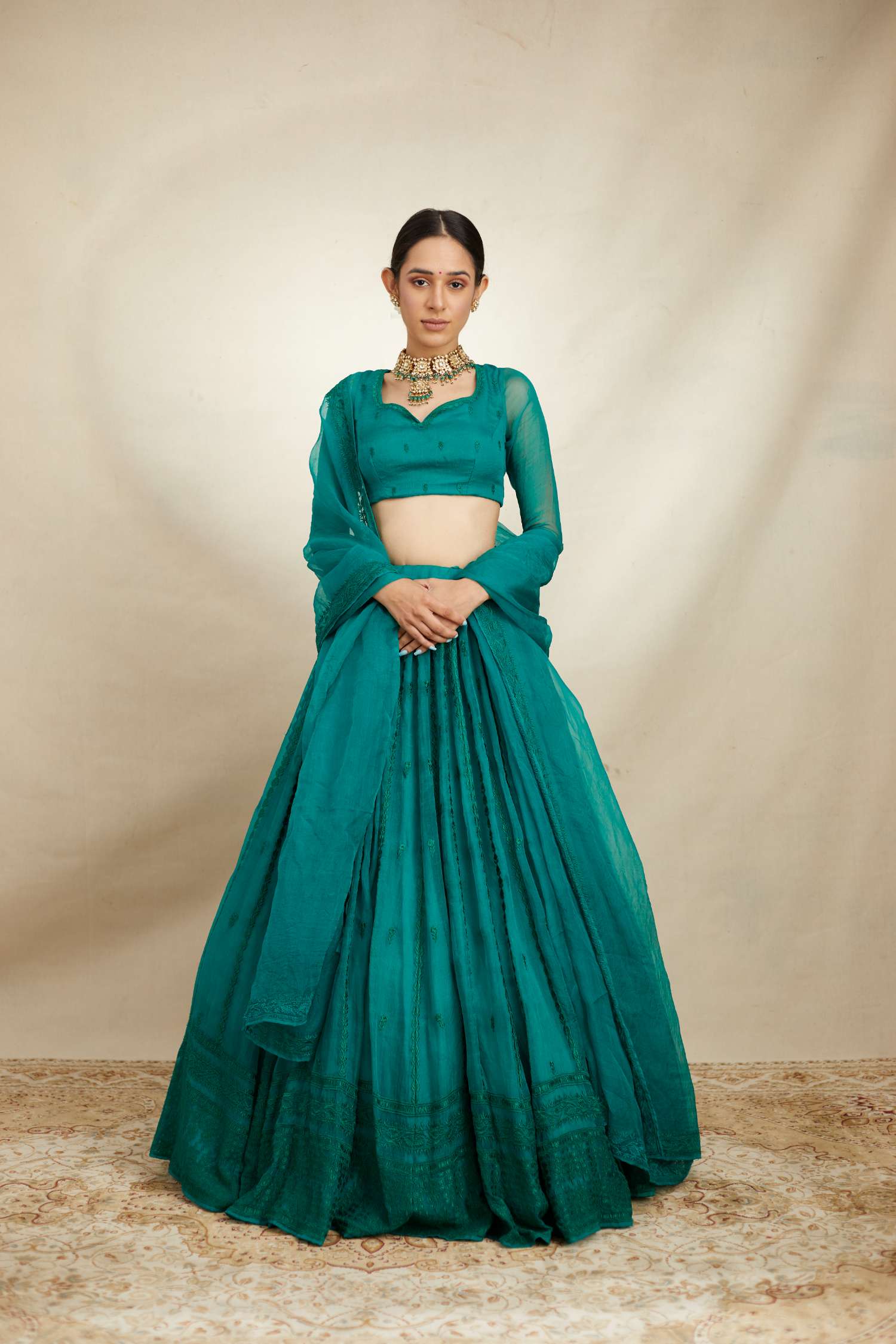 Green and Royal Blue color Ikkat Lehengas with kaddy border design  -IKPL0000686
