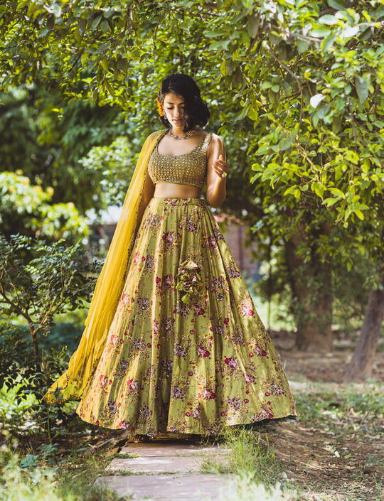 Leaf Green Floral Printed Lehenga Set