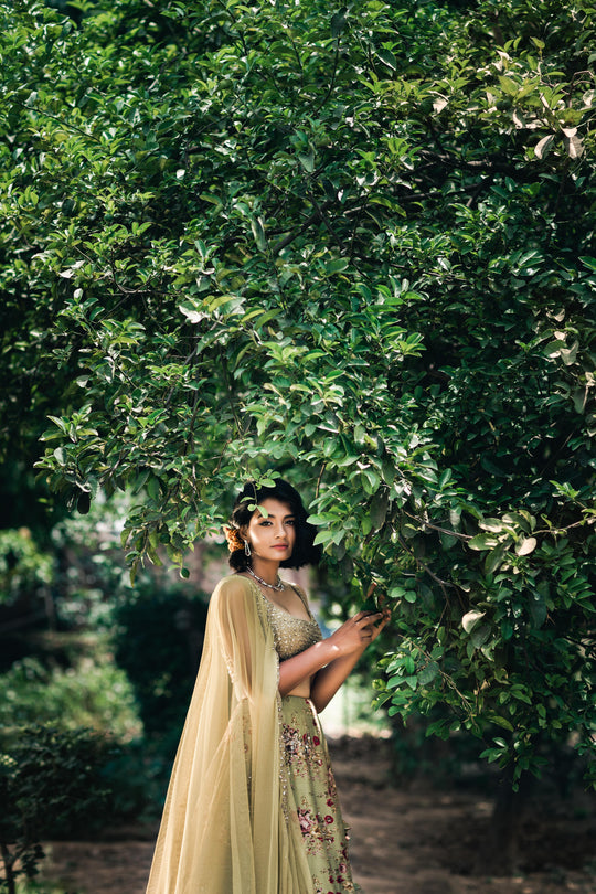 Leaf Green Floral Printed Lehenga Set