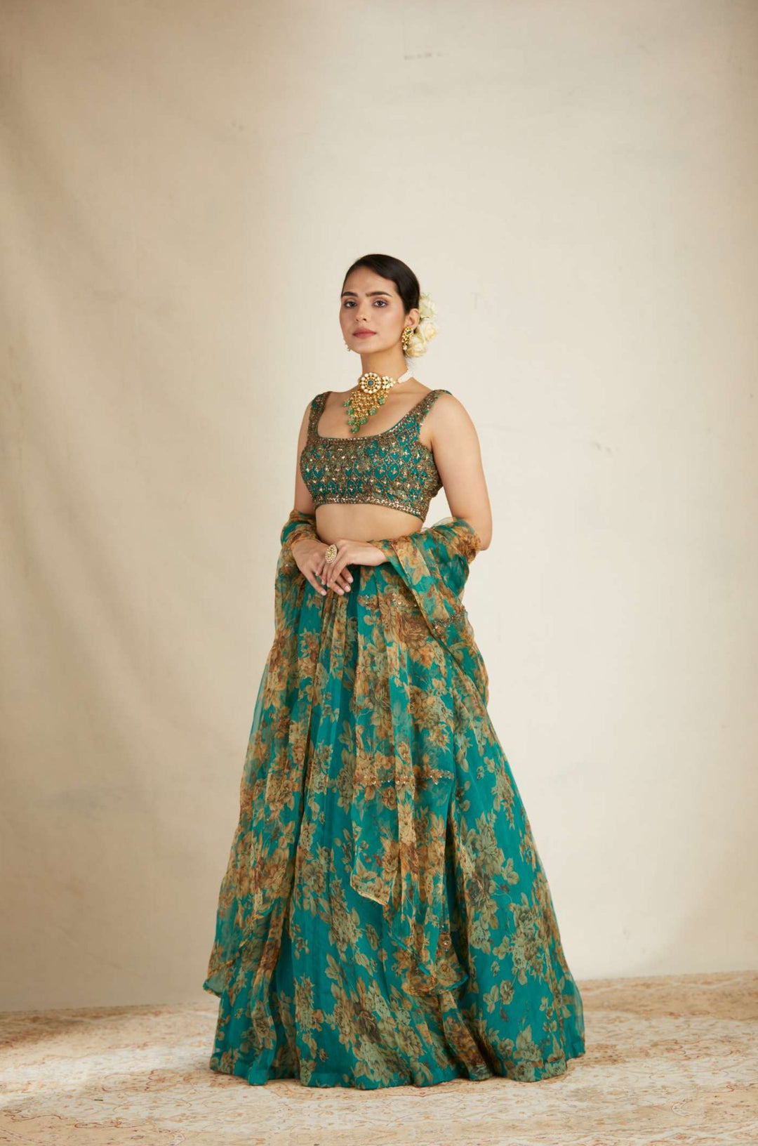 Teal Green Floral Lehenga Set