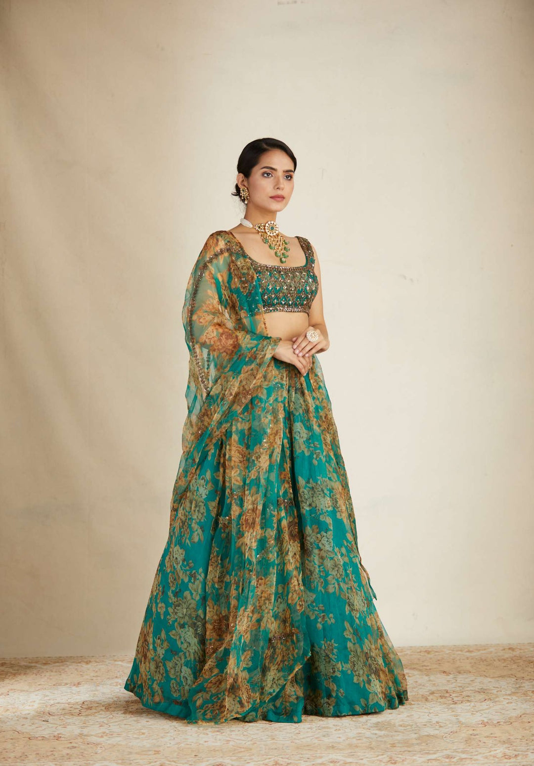 Teal Green Floral Lehenga Set