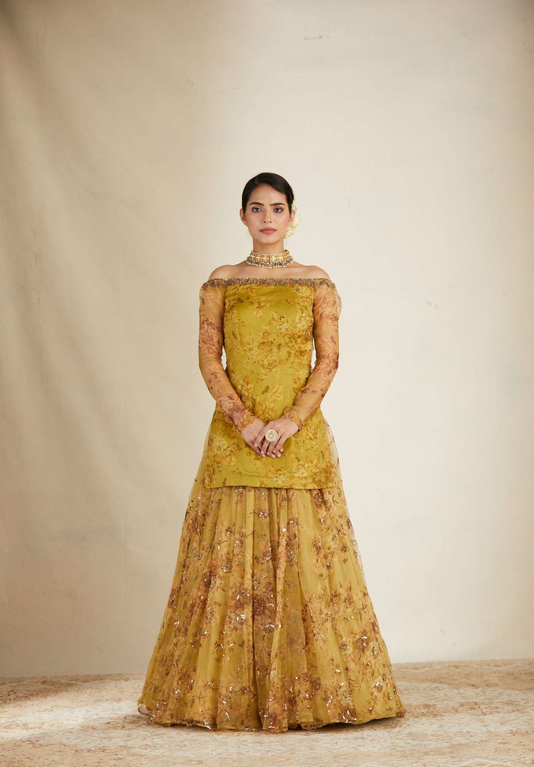 Mustard Floral Off Shoulder Kurti Skirt