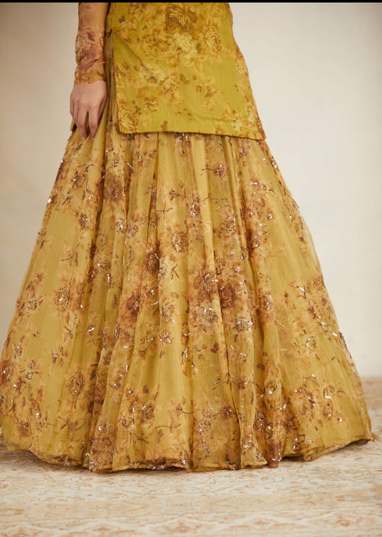 Mustard Floral Off Shoulder Kurti Skirt