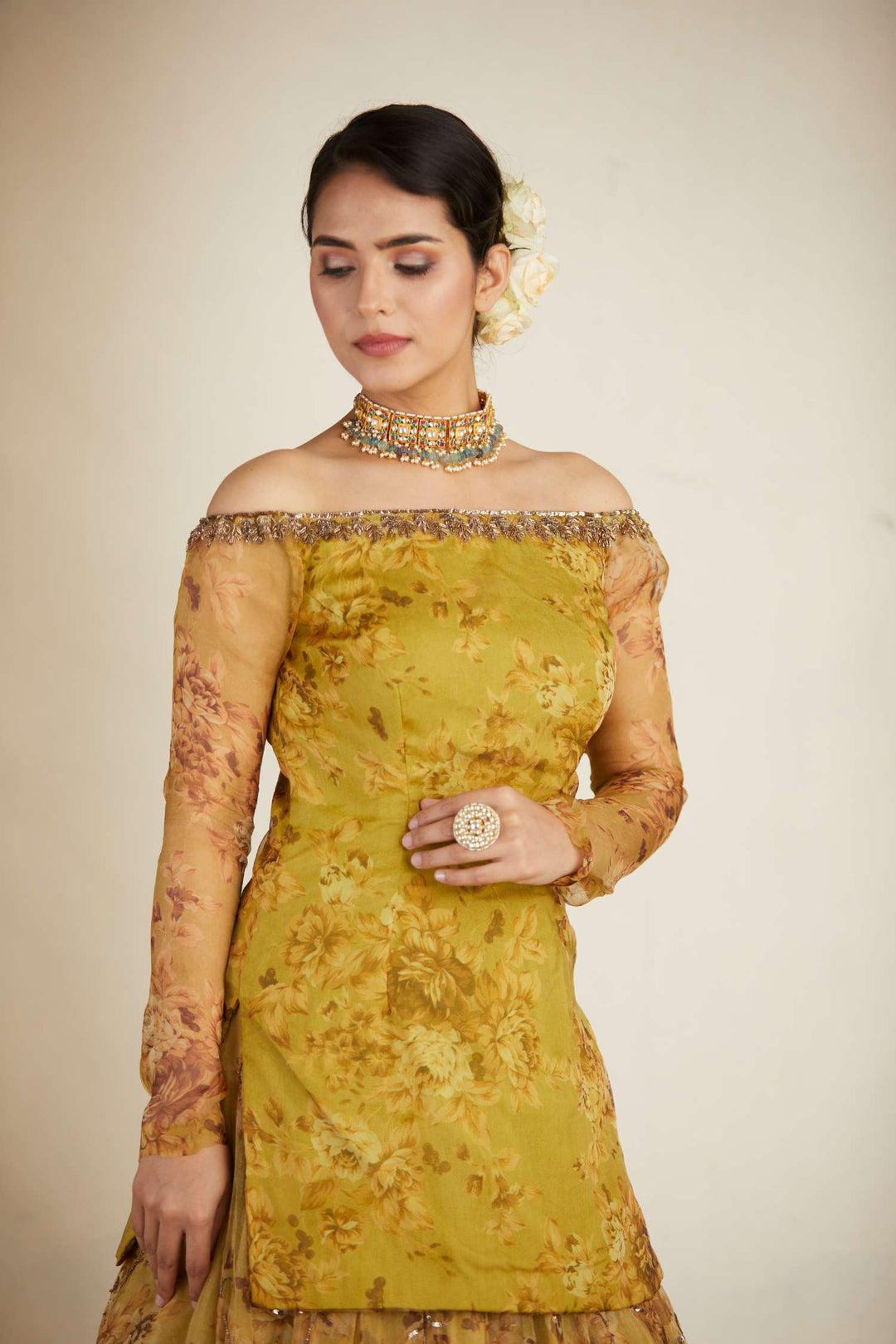 Mustard Floral Off Shoulder Kurti Skirt