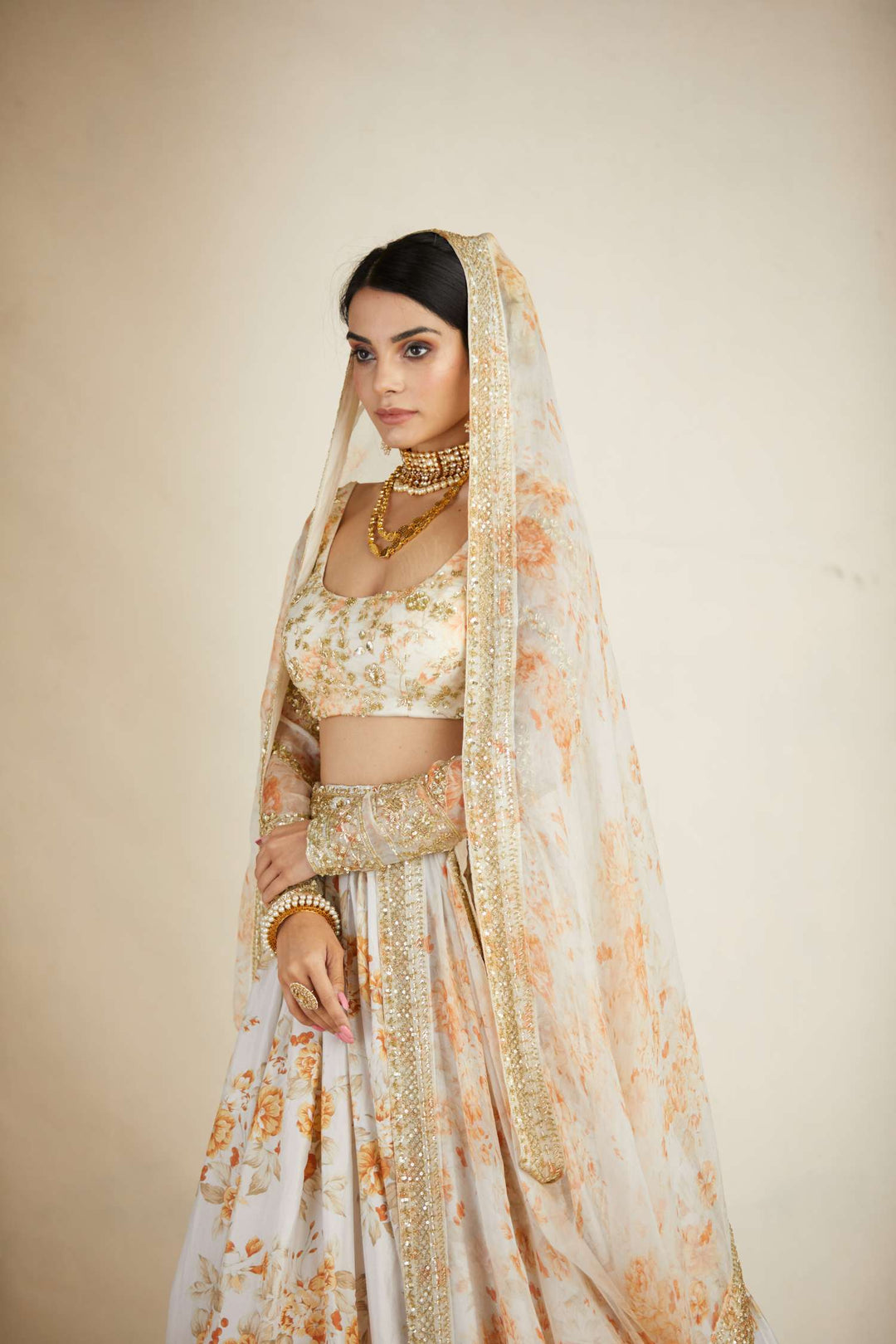 Off White Silk Floral Lehenga Set