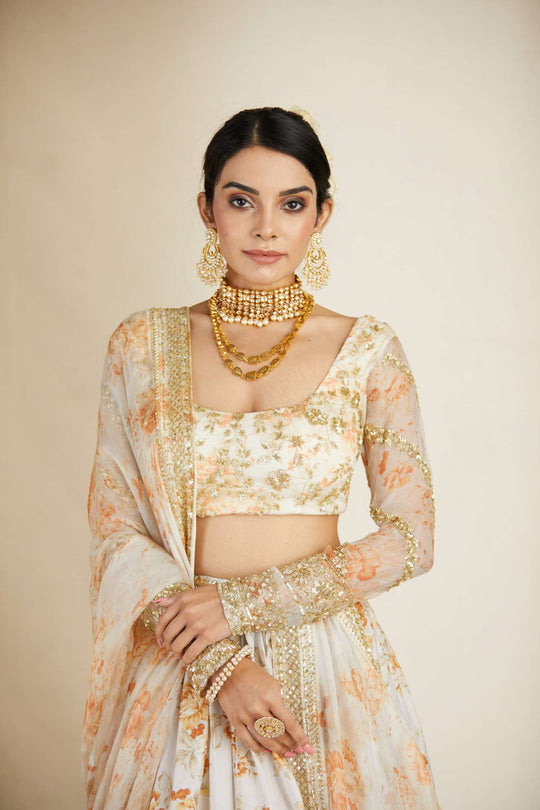 Off White Silk Floral Lehenga Set