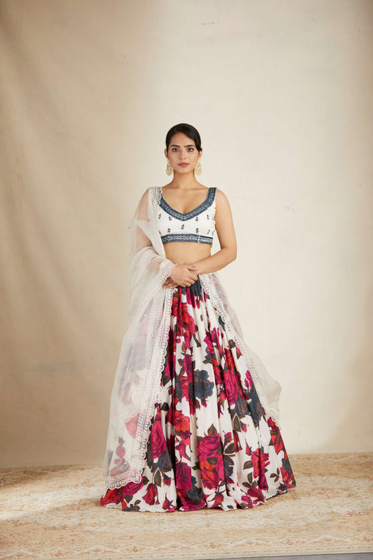 White Red Floral Lehenga With White Blouse Set