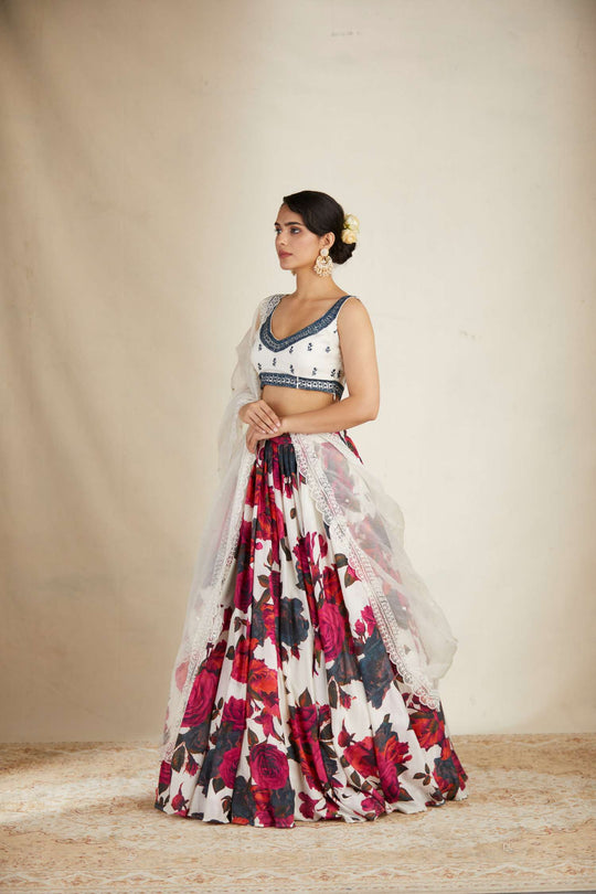 White Red Floral Lehenga With White Blouse Set