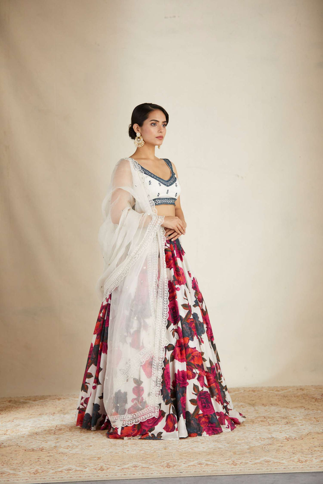 White Red Floral Lehenga With White Blouse Set