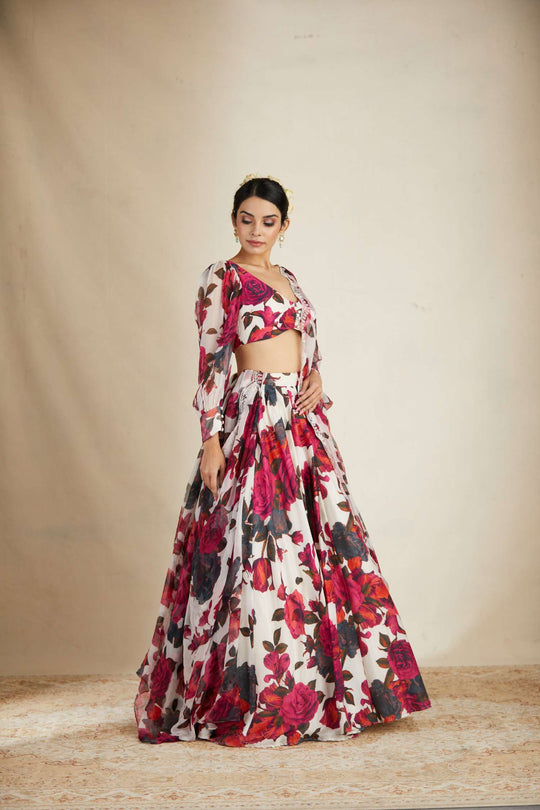 White Red Floral Lehenga Set