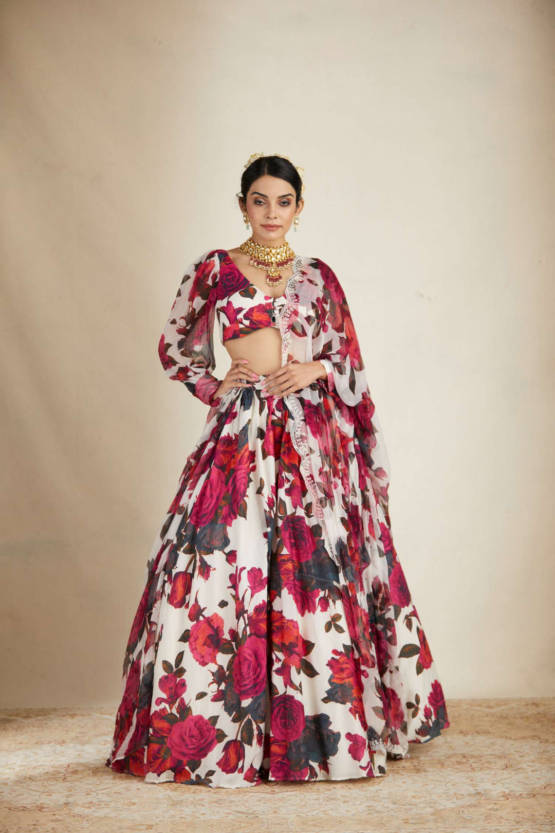 White Red Floral Lehenga Set