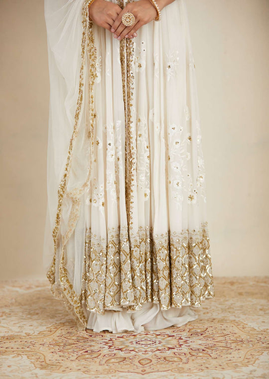 Off White Thread Work Front Open Jacket Sharara Set