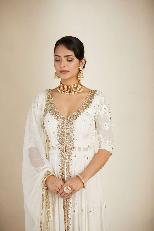 Off White Thread Work Front Open Jacket Sharara Set