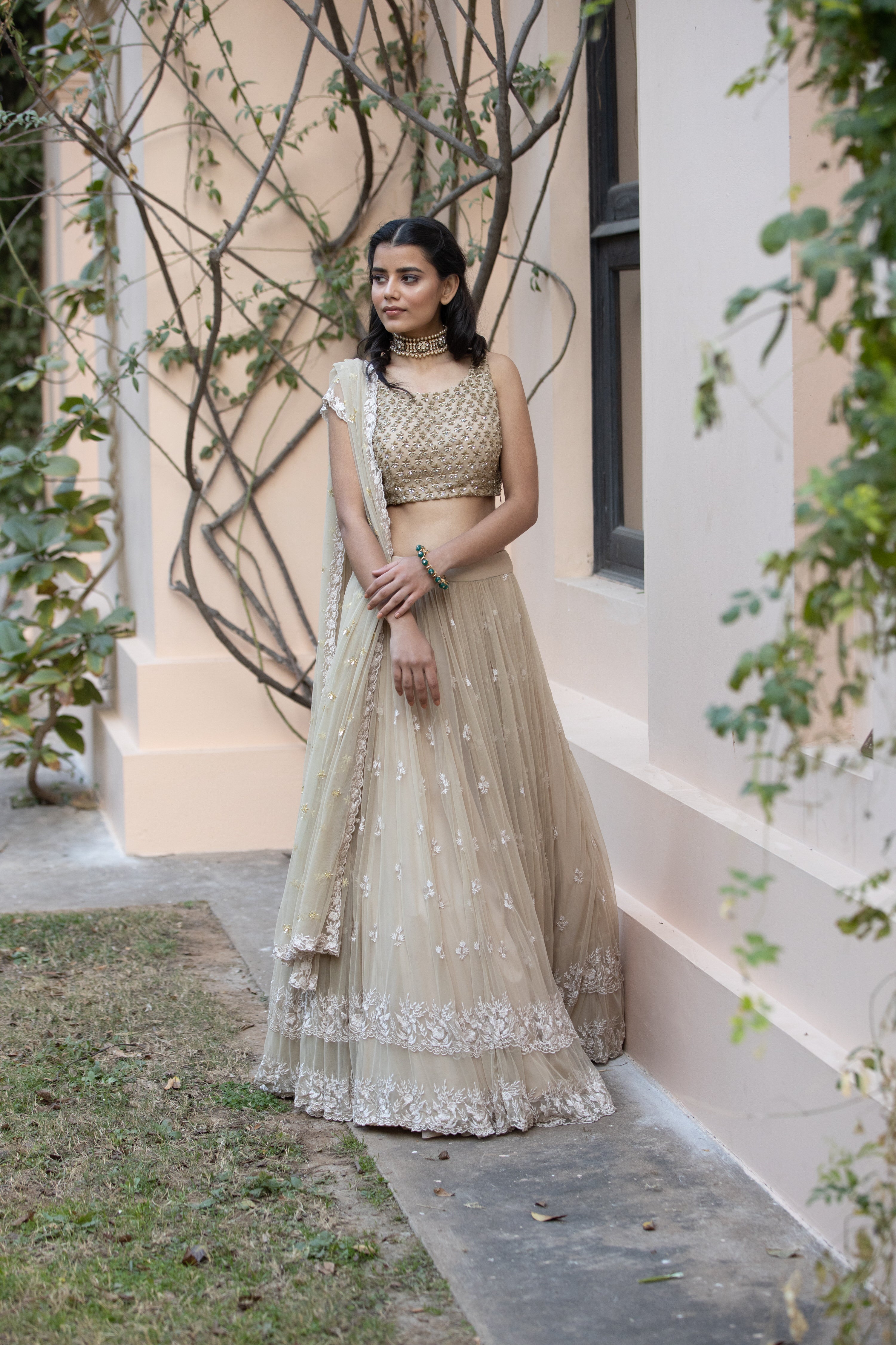 Cream Floral Print, Zari, Mirror, Stone and Thread work Lehenga Choli –  Seasons Chennai