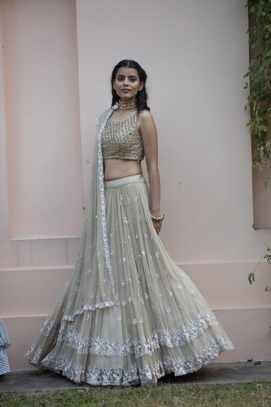 Beige Threadwork Lehenga With Shimmer Choli