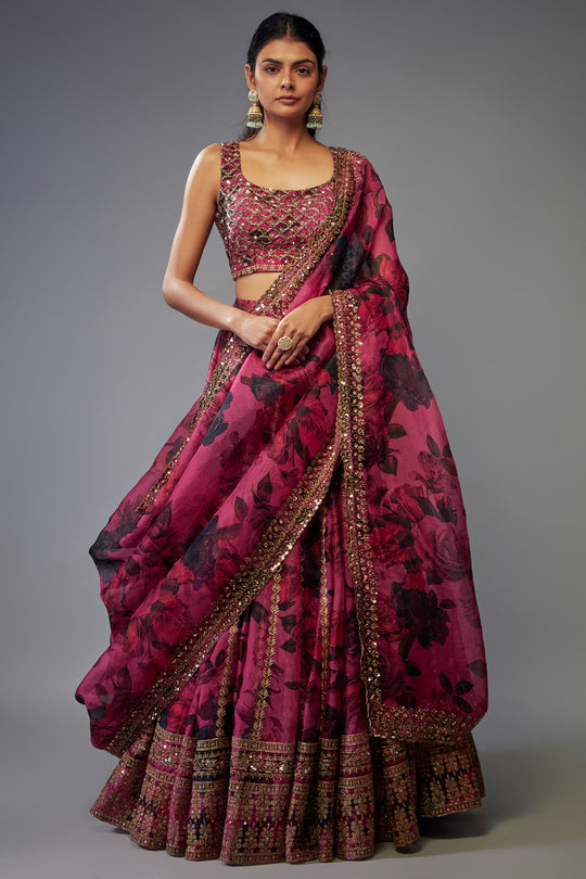 Plum Organza Floral Printed Lehenga Set