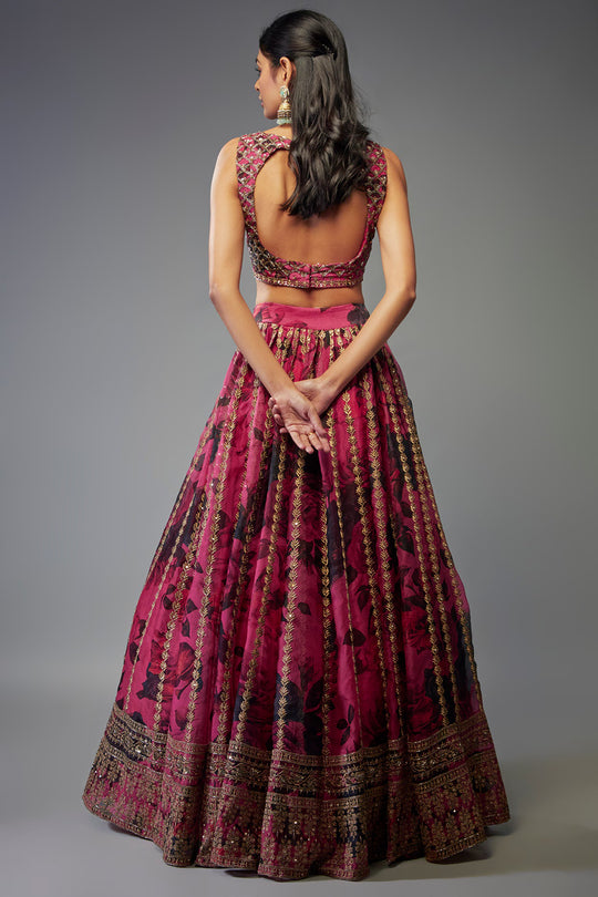 Plum Organza Floral Printed Lehenga Set