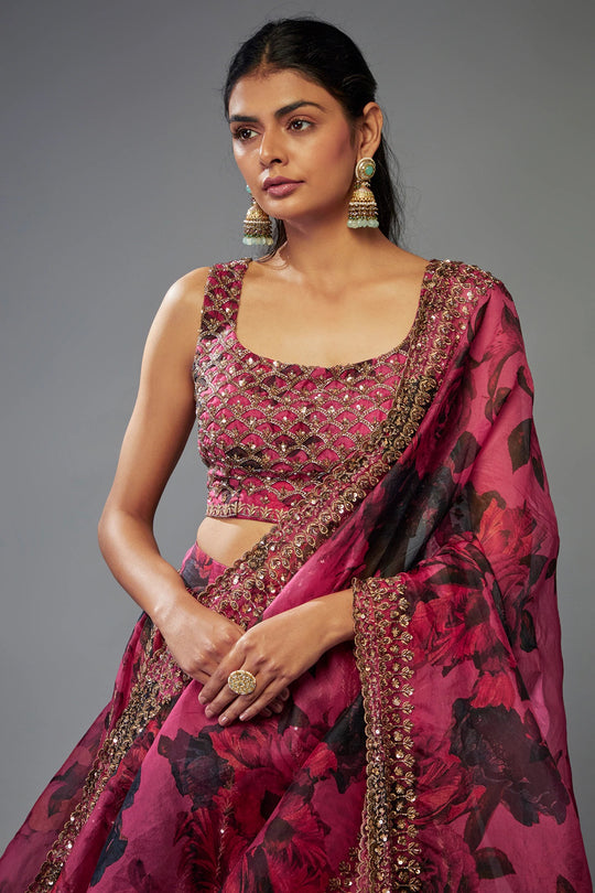 Plum Organza Floral Printed Lehenga Set