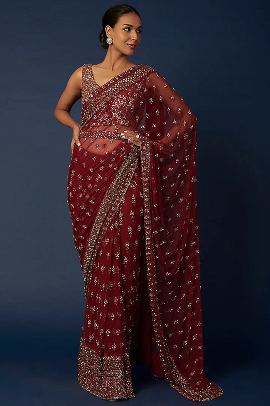 Maroon Embroidered Saree Set