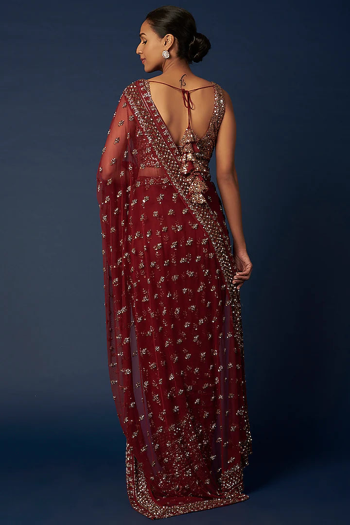 Maroon Embroidered Saree Set