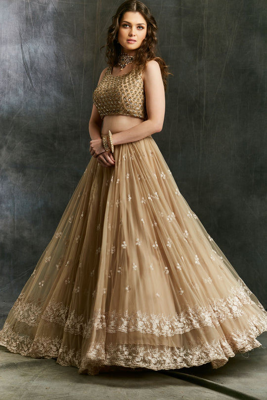 Beige Threadwork Lehenga With Shimmer Choli