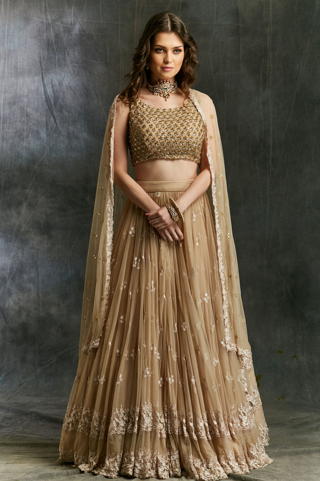 Beige Threadwork Lehenga With Shimmer Choli