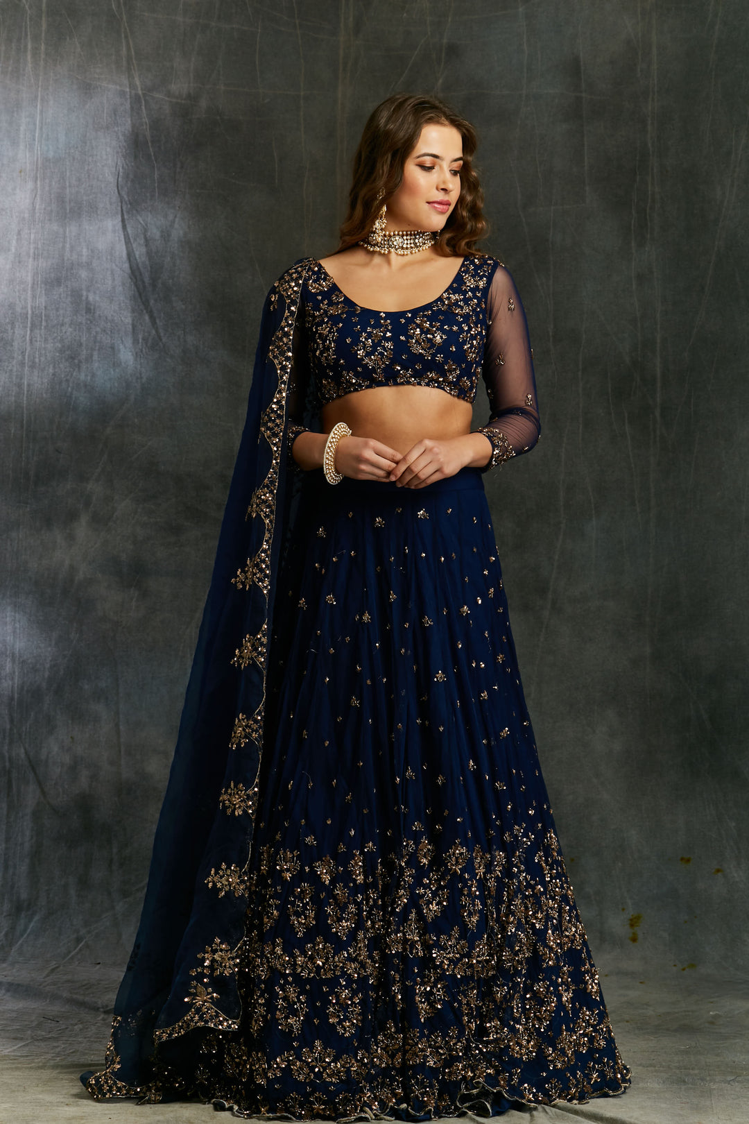 Midnight Blue Net Sequin Shimmer Lehenga