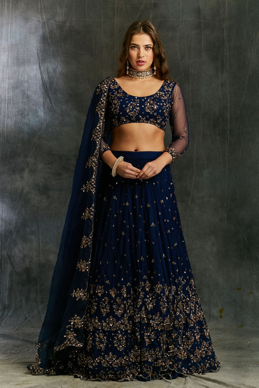 Midnight Blue Net Sequin Shimmer Lehenga