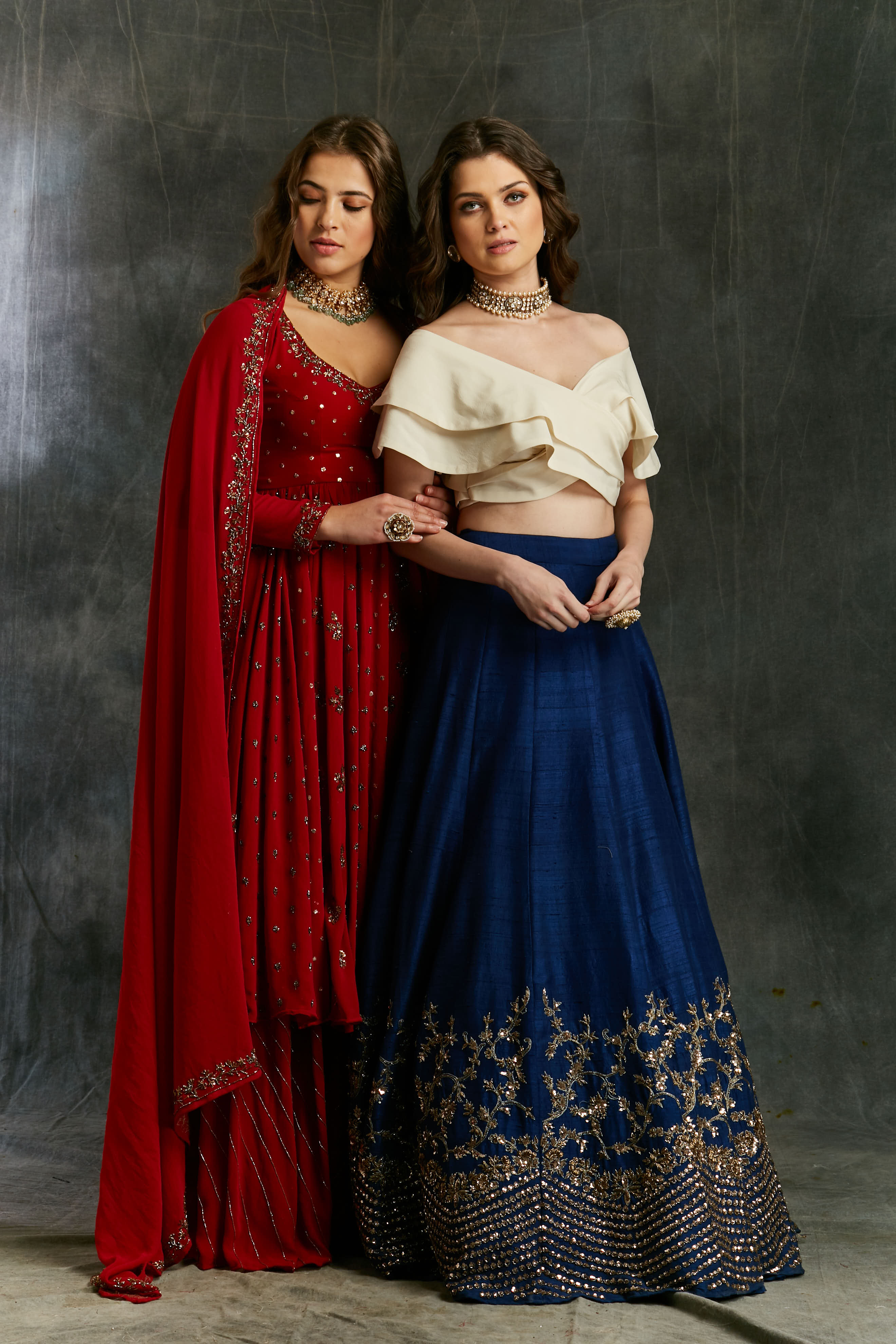 Blue & Red Traditional Half Saree - ANJU SHANKAR LABEL