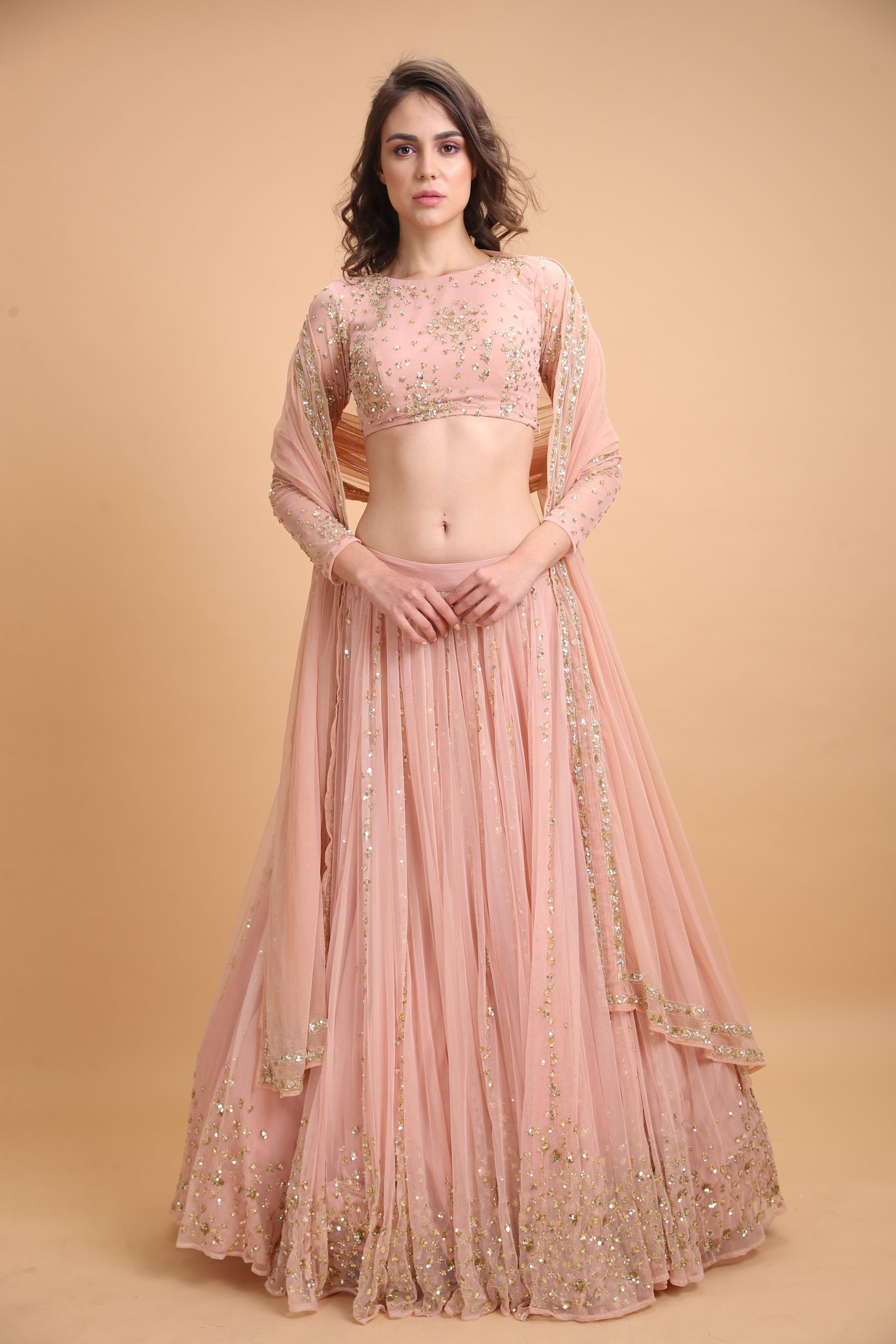 Peach Pink and Gold Embroidered Lehenga – FALAKENOOR