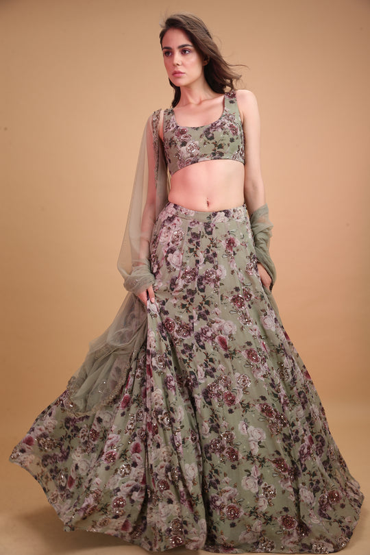 Olive Printed Floral Lehenga Set