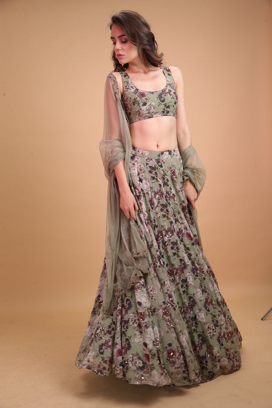 Olive Printed Floral Lehenga Set