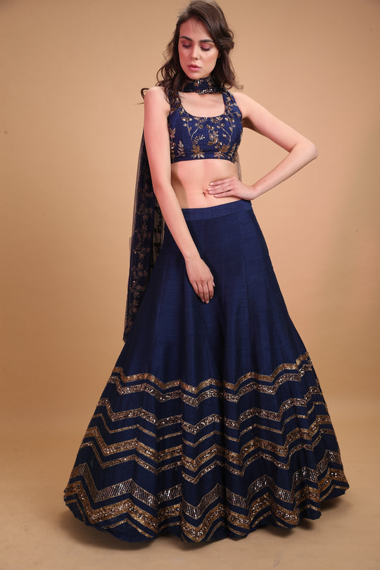 Dark Blue Geometrical Zari Lehenga