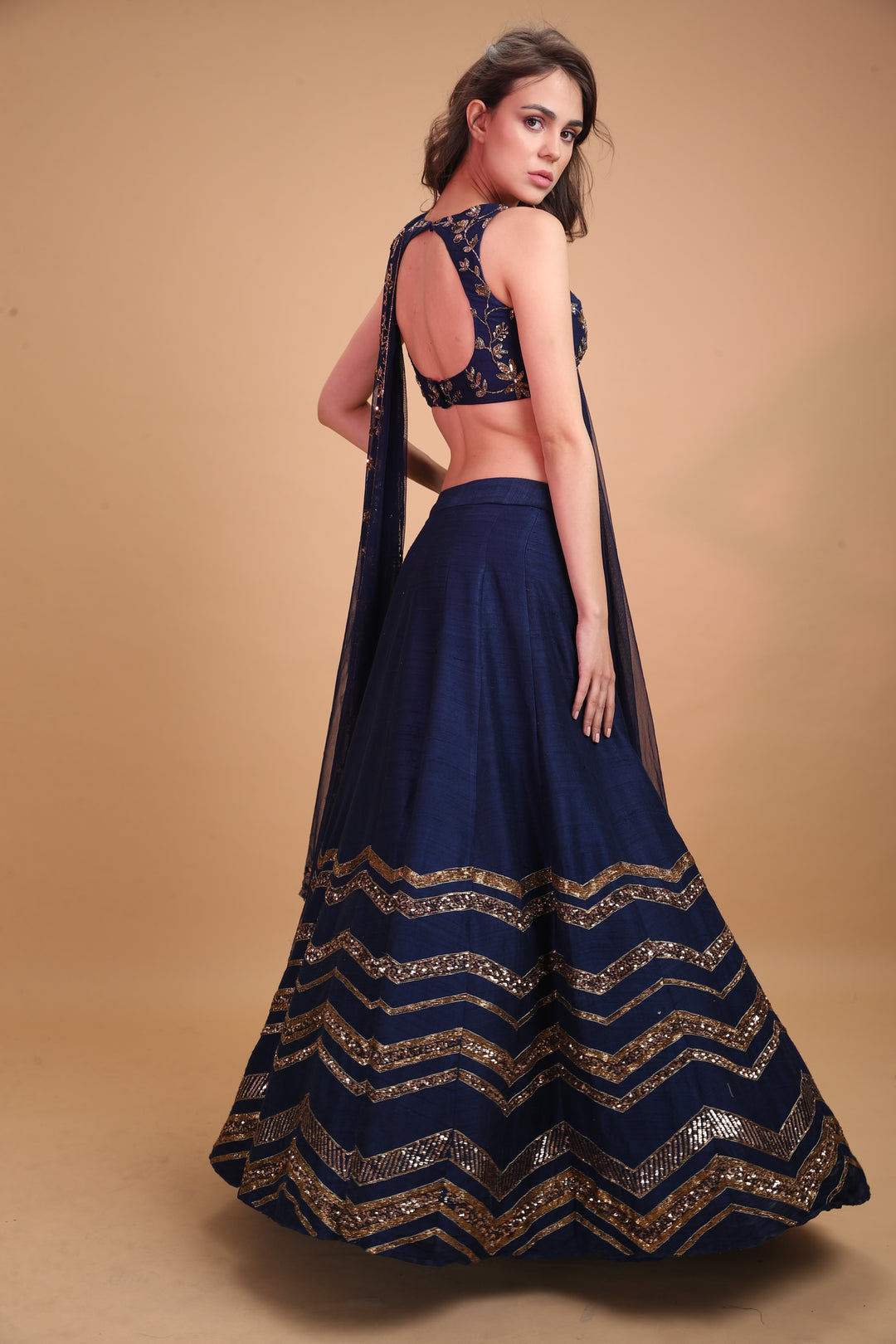 Dark Blue Geometrical Zari Lehenga