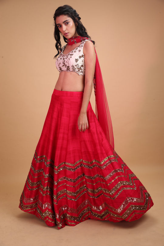 Dark Pink Geometrical Zari Lehenga