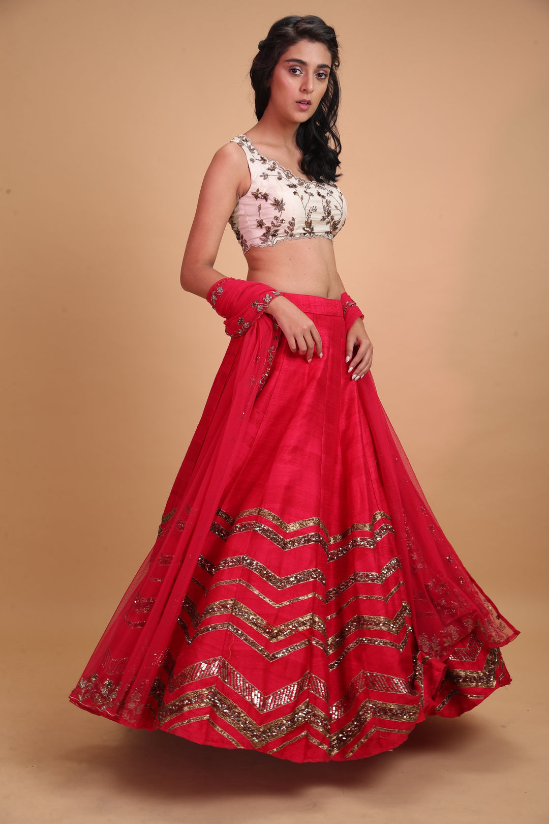 Dark Pink Geometrical Zari Lehenga